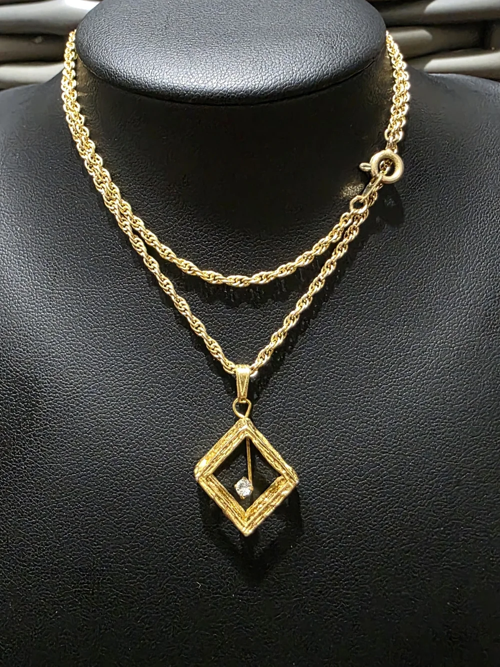 Gold-Tone Rope Chain Necklace with Geometric Square Pendant